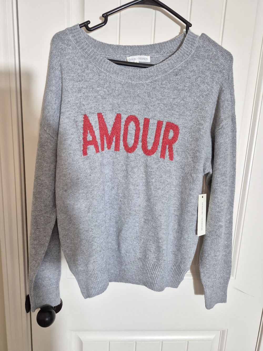 Grey AMOUR Crewneck Sweater with Red Lettering